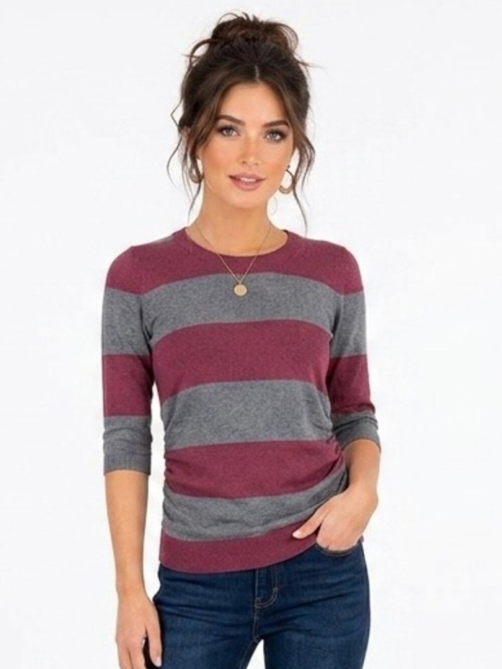 Pink Rose Burgundy Gray Striped Ruched Side Sweater Top Women's Small 3/4 Sleeve